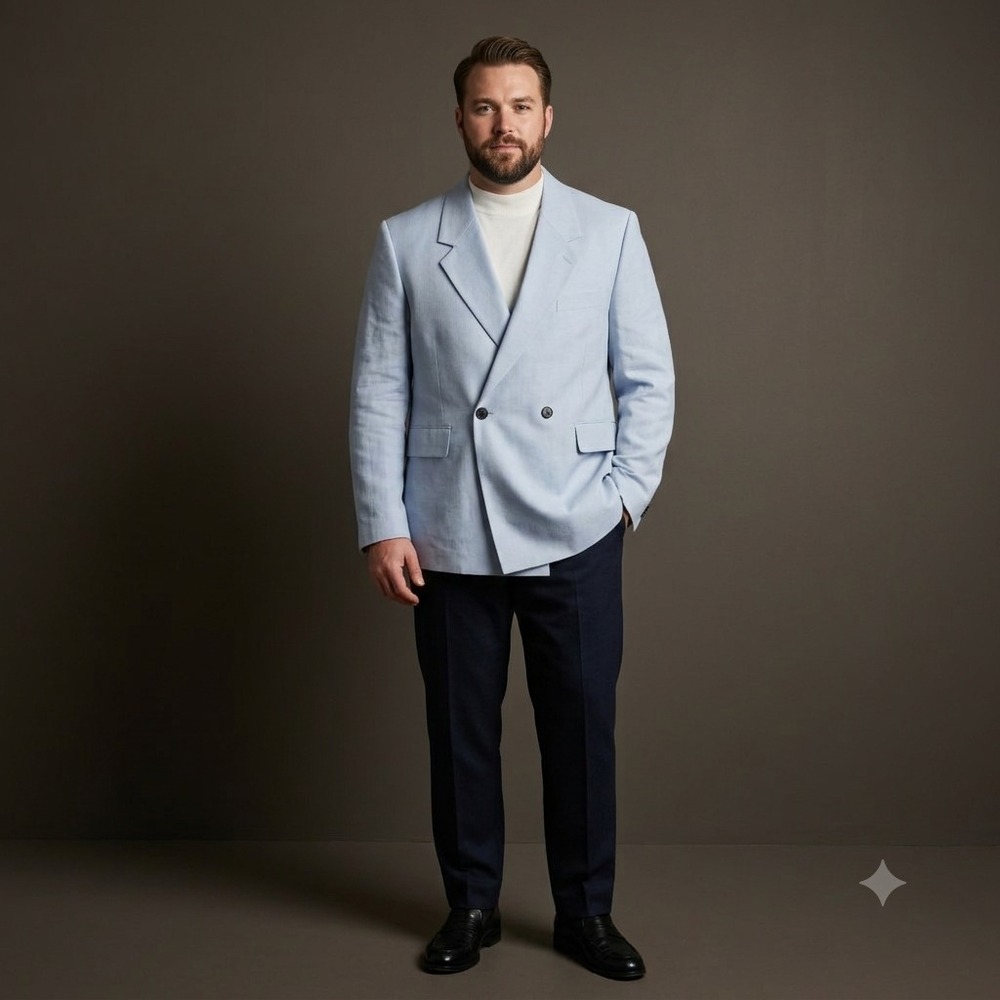SANDRO Mens Double Breasted Blazer 52EU/42US Light Blue Wool Modern Minimalist